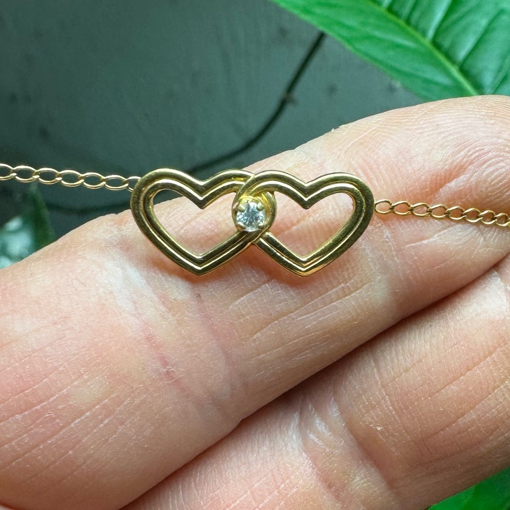 Vintage Gold Dual Heart Two Hearts Necklace with Diamond Accent 1980s
